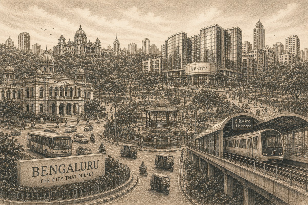 Sepia illustration of Bengaluru with Mayo Hall, UB City, JP Nagar metro, and city traffic.