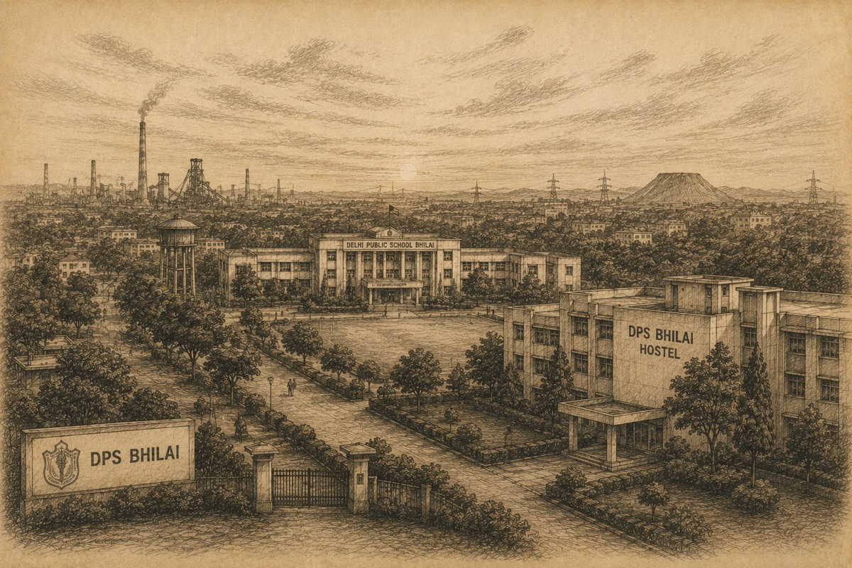 Sepia illustration of DPS Bhilai with industrial skyline beyond the campus.