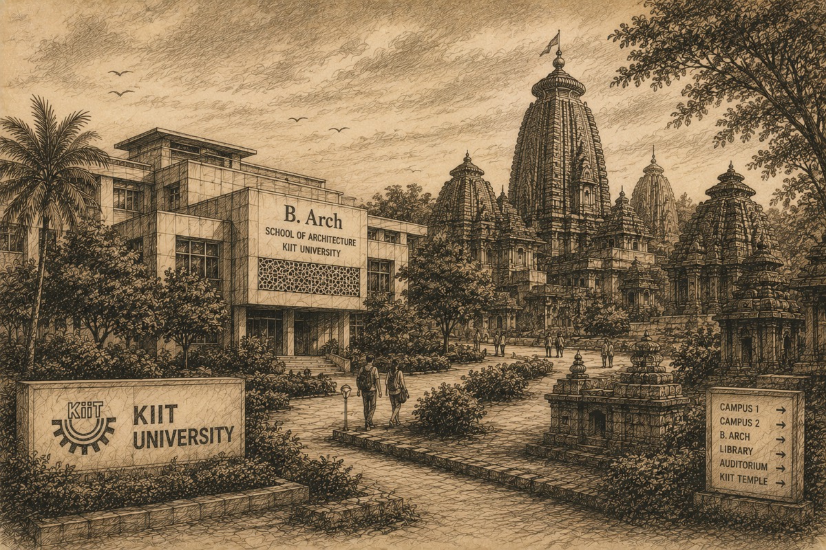 Sepia illustration of KIIT University architecture campus and Bhubaneswar temple forms.