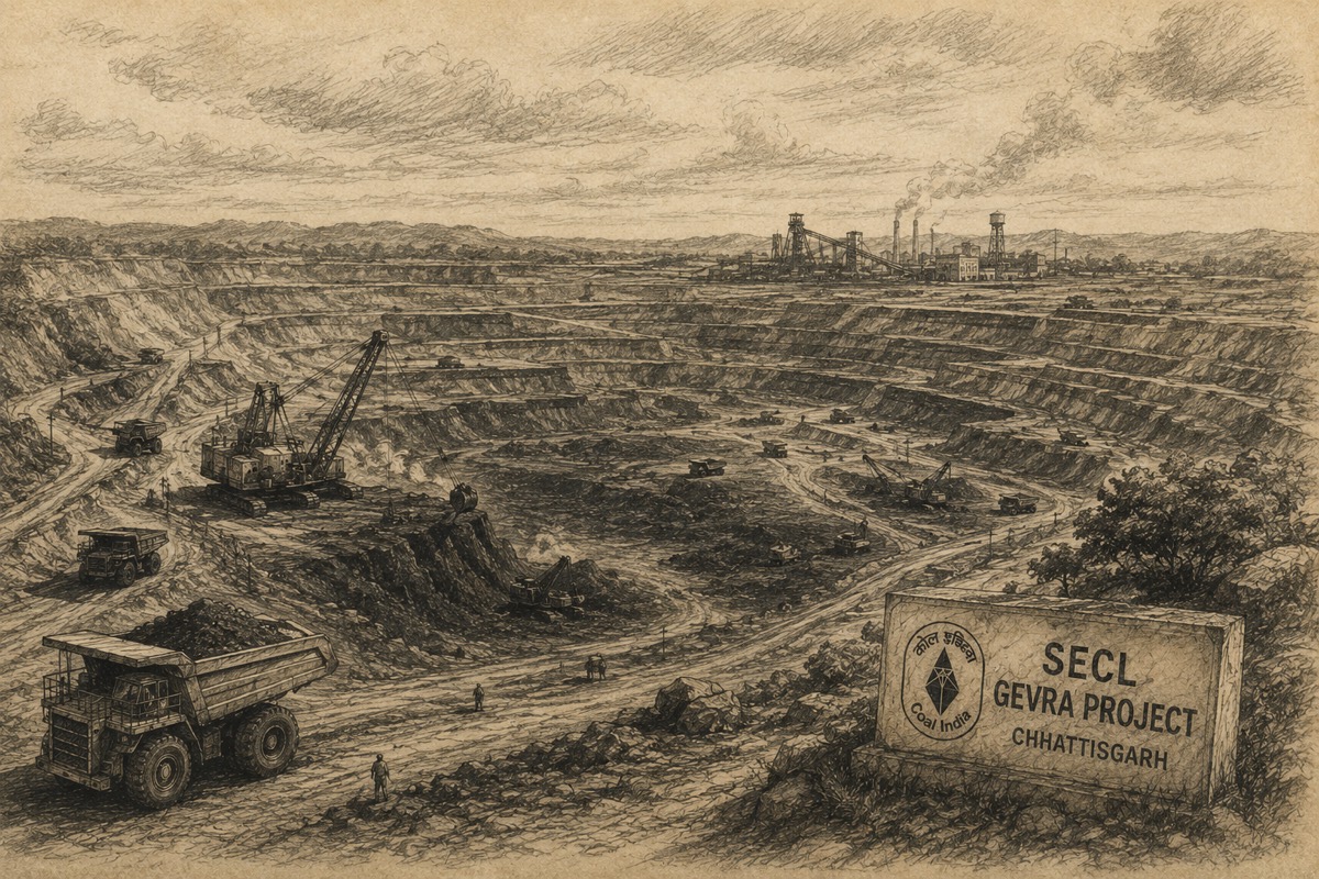 Sepia illustration of the SECL Gevra coal project landscape in Chhattisgarh.