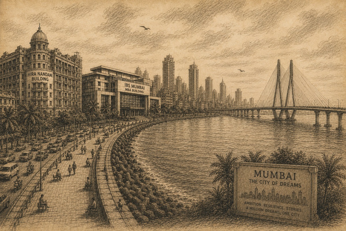 Sepia illustration of Mumbai waterfront, skyline, and sea link.