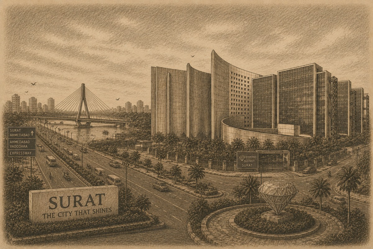 Sepia illustration of Surat city, bridge, diamond district, and roadways.